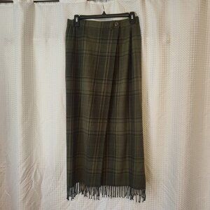 Lauren Ralph Lauren Wrap Skirt size 8 Green Wool Plaid Fringe Midi Classic